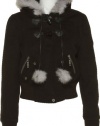 JOU JOU Twill Faux Fur Cropped Jacket W/ Hood [325-614LL], BLACK, SMALL
