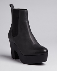 On-trend gored booties gain additional fashion leverage from modern, sculpted platforms, in distinctive, Loeffler Randall style.