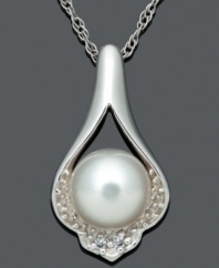 Proper etiquette. This prim and poised pendant features a timeless, diamond-accented teardrop design cradling a cultured freshwater pearl (7-8 mm). Set in sterling silver. Approximate length: 18 inches. Approximate drop: 3/4 inch.