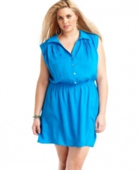 Looking super-cute is a cinch with L8ter's sleeveless plus size shirtdress, accentuated by a banded waist.