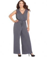 Flaunt your 70's flair in Spense's sleeveless plus size jumpsuit, accentuated by a drawstring waist-- this look is so on-trend for the season!