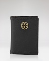 A lustrous leather bi-fold transit pass holder with gleaming logo plaque from Tory Burch.