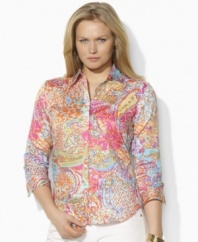 Celebrate spring in a vibrantly hued plus size paisley shirt, tailored from soft cotton sateen with three-quarter sleeves and chic fold-back cuffs from Lauren by Ralph Lauren.