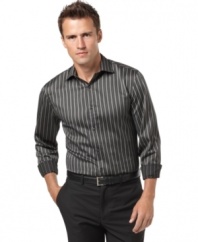 Sleek stripes never look better than with this modern-fit shirt from Perry Ellis.