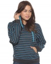 Hoodie Buddie Charcoal Gray Aqua Stripe Pullover Built In MP3 Earbuds Sweatshirt (Large)