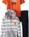 U.S. Polo Assn. Boys 2-7 Striped Hoodie T-Shirt and Five Pocket Denim Pant, Light Grey Heather, 6