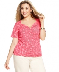 A darling polka dot print enlivens Jones New York Collection's short sleeve plus size top, featuring a flattering draped design.