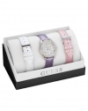 GUESS Women's U0308L1 Wardobe Set with 3 Interchangeable Genuine Leather Straps in White, Pink & Lilac