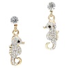 Small Adorable Sparkling Clear Crystal Seahorse 1 Dangle Earrings Gold Tone - Comes Gift Boxed