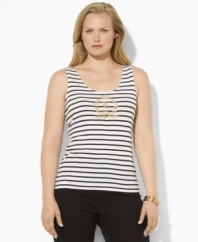 Lauren by Ralph Lauren's classic striped cotton plus size tee is embellished with a gold-tone crest at the front for regal style.