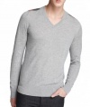 Burberry Brit Garth Check Print Shoulder Detail Cashmere & Cotton V-Neck Sweater (L, Pale Grey Melange)