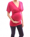 PattyBoutik Mama V Neck Crossover Empire Waist Short Sleeve Ruched Maternity Top (Rose Pink 8/10)