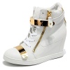 Women's White Gold Metal Plated Concealed Wedge Heel High Top Sneakers Trainers