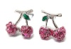 Small Silver Tone Juicy Pink Crystal Cherry Charm Stud Earrings Fashion Jewelry for Girls Teens and Women