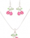 Small Silver Tone Pink and Green Crystal Cherry Dangle Earrings and Necklace Jewelry Set for Women Teens