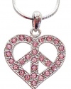 Cute Silver Tone Shimmering Pink Crystals 1 Peace Sign/symbol Heart Necklace for Girls Teens Tweens Valentine's Day Gift