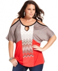 Show off your shoulders with Seven7 Jeans' short sleeve plus size top, highlighted by a zigzag print.