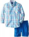 Tommy Hilfiger Little Boys' Captain Long Sleeve Poplin Plaid Shirt with Twill Cargo Short Toddler Set, Blue Jean, 3T