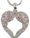 Pastel Pink Crystal Guardian Angel Heart Shaped Wings/Wing Silver Tone Pendant Necklace
