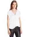 Chaser Women's Linen Jersey Shirttail Henley Cap Sleeve Tee, White, Medium