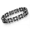 Mens Stainless Steel Silver and Black Silicone Wave Cut Link Bracelet Cuff Bangle, 8.5 Inch