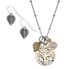 Tri Tone-tree of Life Silver Color Hammered Dangle Charm Necklace Earring Set
