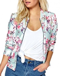 IF FEEL Womens Casual Floral Print Long Sleeve Bomber Jacket