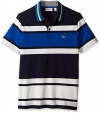 Lacoste Men's Short Sleeve Resort Bold Stripe Pique Polo, Cosmos/Flour/Steamer, 5