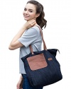 Vantoo Unisex Leather Denim Shoulder Bag Handbag with Pockets,Navy Blue