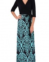 Zattcas Womens Floral Print V Neck 3/4 Sleeve Maxi Dress Long (Medium, Aqua and Black)
