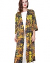 VOA Women's Silk Yellow Three Quarter Sun Protective Floral Print Long Coat Robe