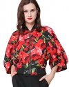 VOA Women's Red Three Quarter Sleeve Floral Print Jacket Top Coat Blouson