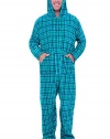 Del Rossa Men's Fleece Onesie, Hooded Footed Jumpsuit Pajamas, XL Aqua Green and Blue Plaid (A0320Q04XL)