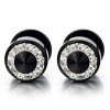 8mm Mens Black Stud Earrings Stainless Steel Illusion Tunnel Plug Screw Back with Cubic Zirconia, 2pcs