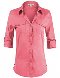 Luna Flower Women's Side Ribbed Collared Stylish Button Down Solid Color Shirts