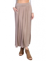 FACA Womens High Waist Shirring Maxi Skirt Ankle Length with Pockets (S-XXXL)