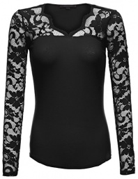 Luna Flower Women's Long Sleeve Fitted Floral Lace Cotton Knit Tops