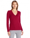 Lacoste Women's Long Sleeve Cotton Jersey Vneck Tee Shirt, Bordeaux, 38