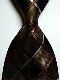 EXT Collectino 100% Silk Necktie, New Classic Checked Brown Gold Black Tie JACQUARD WOVEN Men's Suits Ties