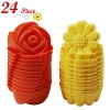 Chefaith 24 Pcs Reusable Silicone Mini Baking Cups, Cupcake Liners, Muffin Cups [12 Sunflower & 12 Rose Shaped Mini Cups, Yellow / Orange] - Non-Stick, Heat Resistant (Up to 480°F) Fun Baking Molds
