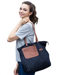 Vantoo Unisex Leather Denim Shoulder Bag Handbag with Pockets,Navy Blue